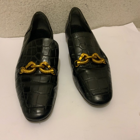 Tory Burch Jessa Black Croc Embossed Leather Horse Hardware Loafers
